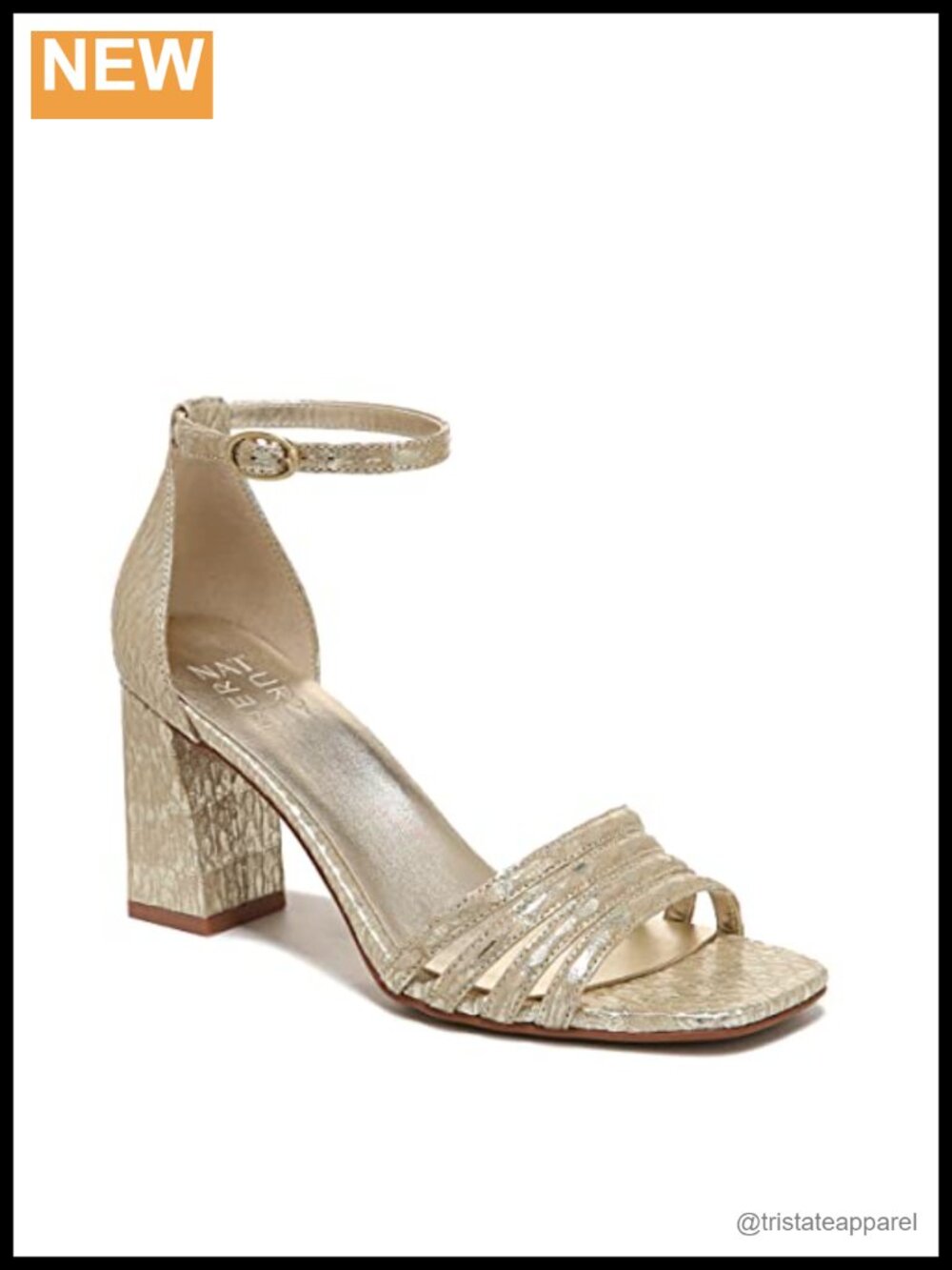 Womens Thena Block Heel Dress Sandal Metallic Leather Open Square Toe